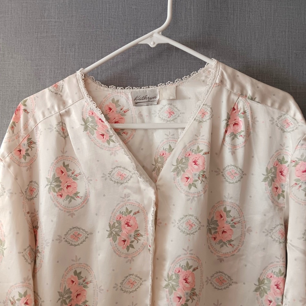 Vintage Kathryn Satin Pajama Set S Fleece‎ Backed Silky Lace Trim PJs Loungewear